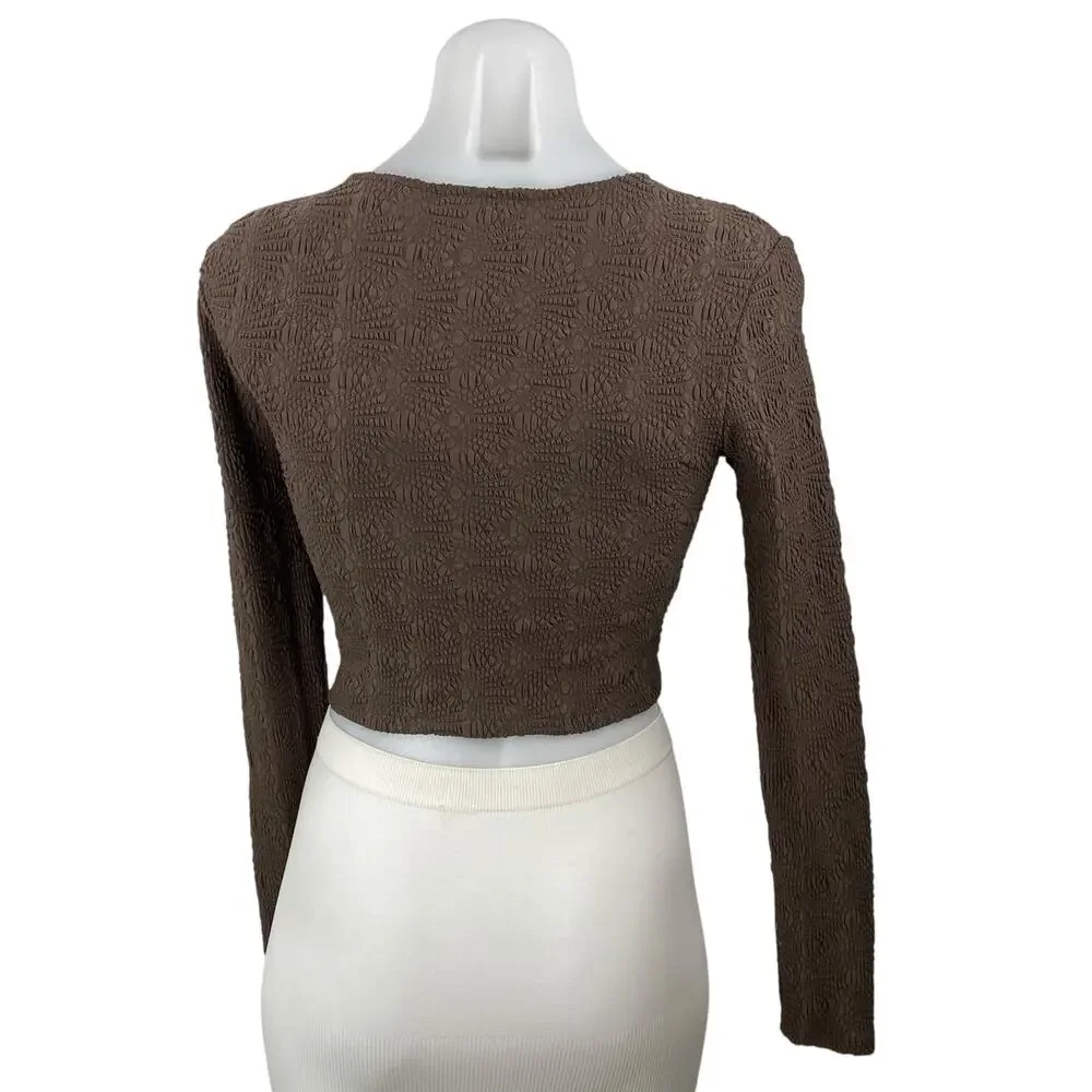 Zara Women's Brown Embossed Textured Long Sleeve Knit Round Neck Crop Top Size M
